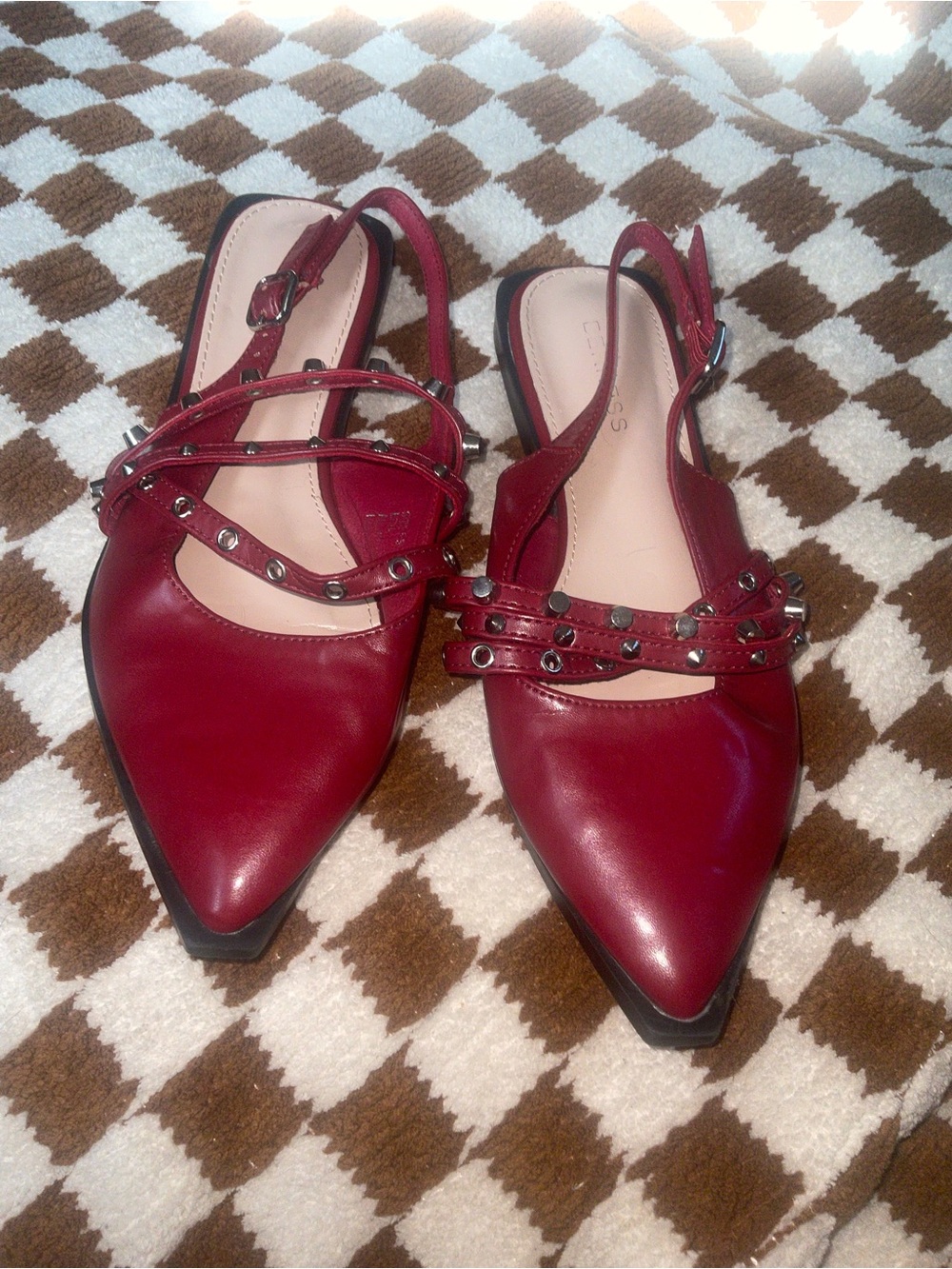 Pointed Red Stud-Trim Slingback Flats